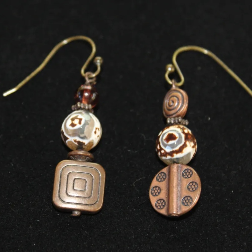 New Natural Botswana Agate, Etched Copper & Seed Beaded Earrings, Brass Wires